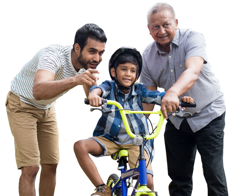 Grandfather, father and son riding bicycles in Colorado.